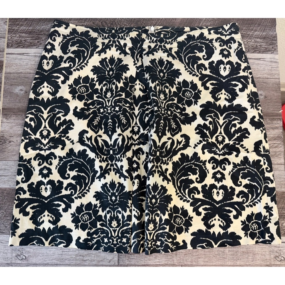 Ann Taylor LOFT Pencil Skirt Sz 16 Black Beige Damask Print Linedt Career Casual